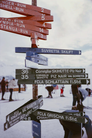 Slim Aarons Skiing sign post in St. Moritz art print